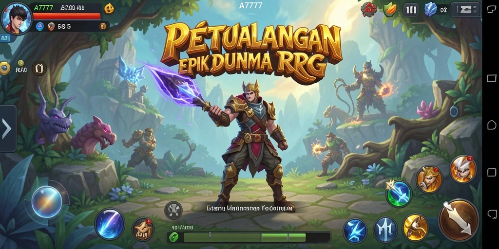 Screenshot utama A7777 menampilkan aksi pertarungan yang mendebarkan di dunia RPG.