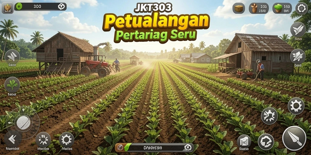 Tangkapan layar gameplay JKT303 menampilkan kebun yang subur dan aktivitas bertani.