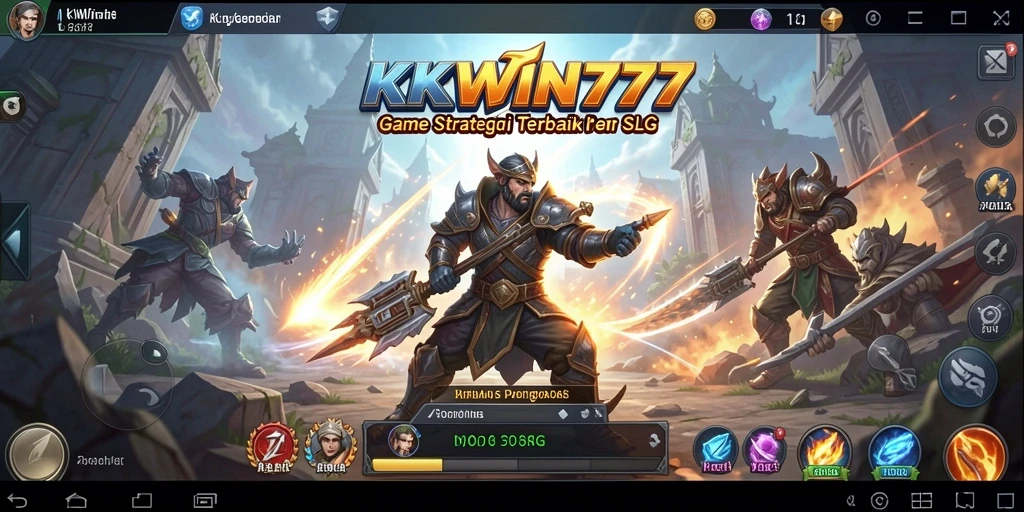 Screenshot gameplay KKWIN777 yang menunjukkan pertempuran epik dan pembangunan kerajaan.