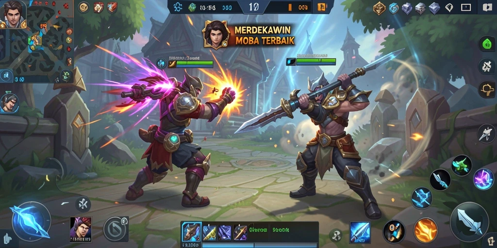 Screenshot gameplay MOBA MERDEKAWIN yang menampilkan pertarungan tim.
