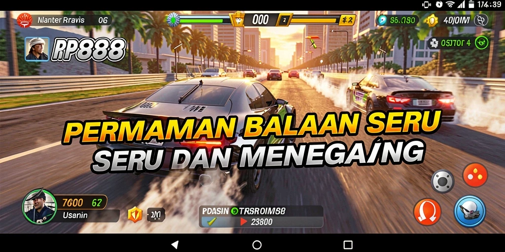 Screenshot utama RP888 menampilkan aksi seru balapan di lintasan.