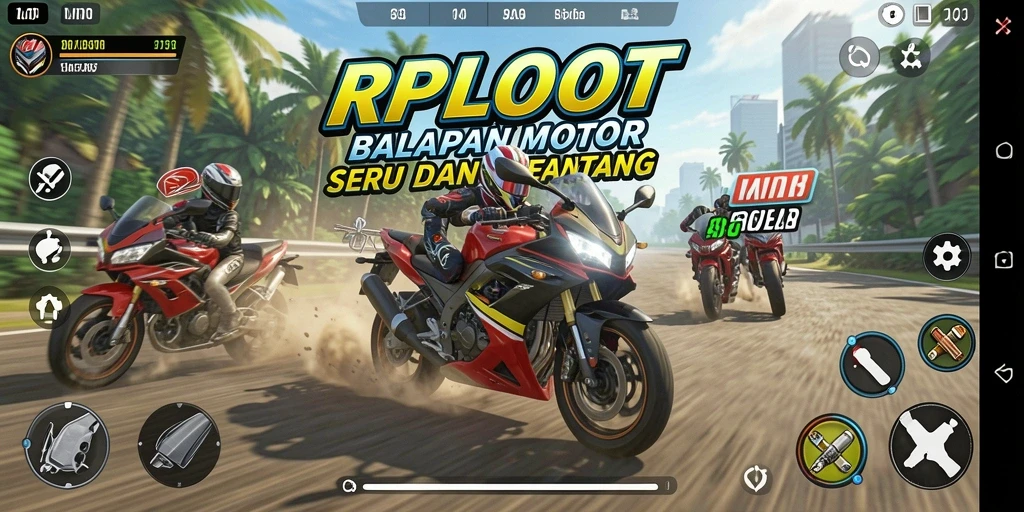 Screenshot utama RPLOOT menampilkan aksi balapan motor yang cepat dan mendebarkan.