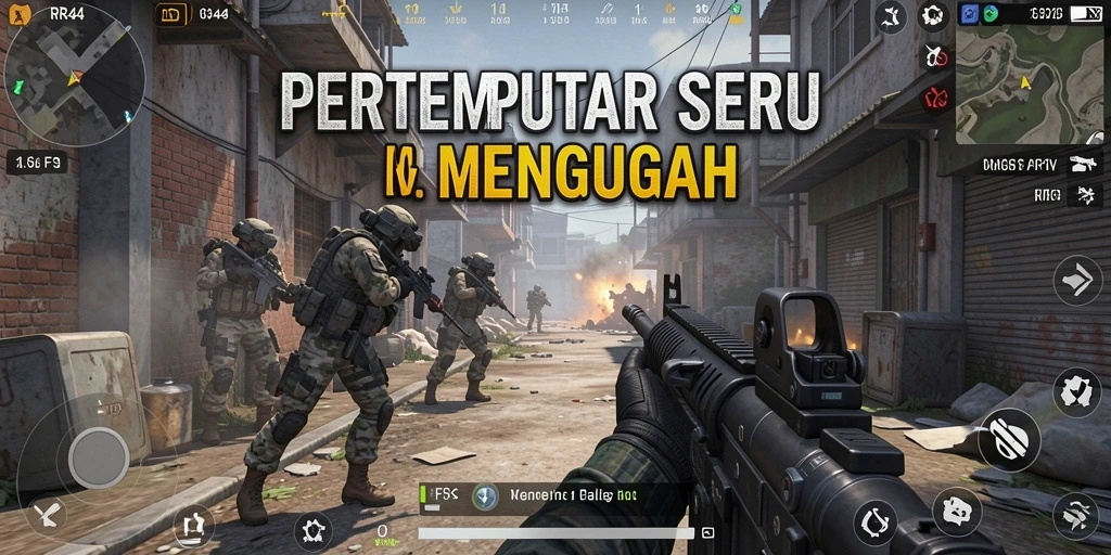 Screenshot gameplay RR44 menunjukkan aksi pertempuran FPS yang intens.
