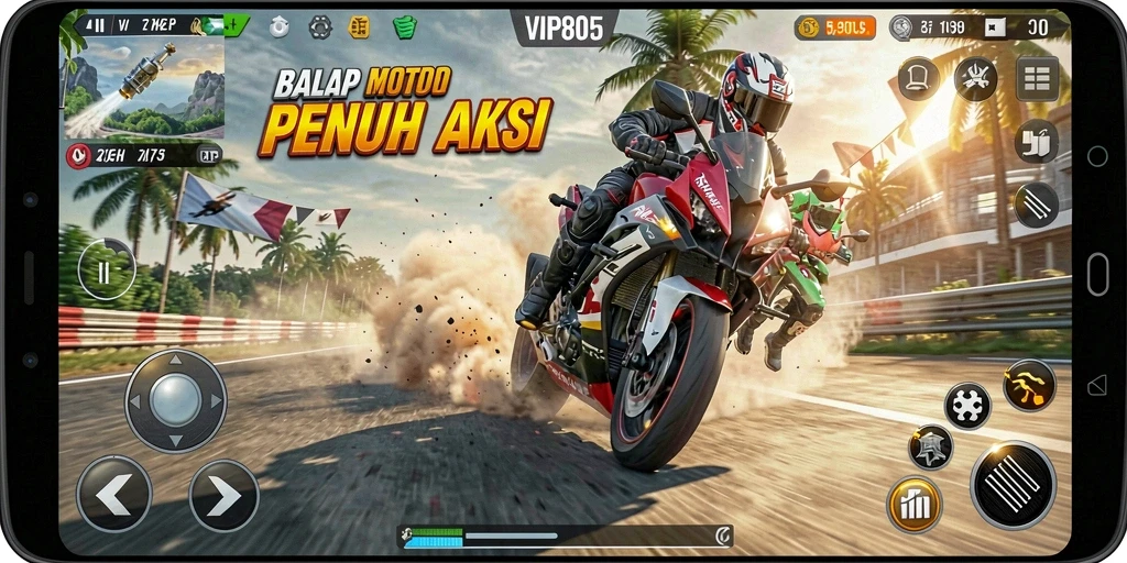 Screenshot utama gameplay menunjukkan balapan motor penuh adrenalin.